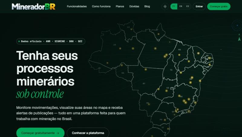 Página inicial do MineradorBR com mapa do Brasil e processos minerários